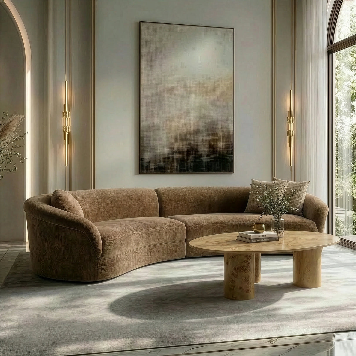 Sheth - Modern Brown Fabric Curved Sectional Sofa
