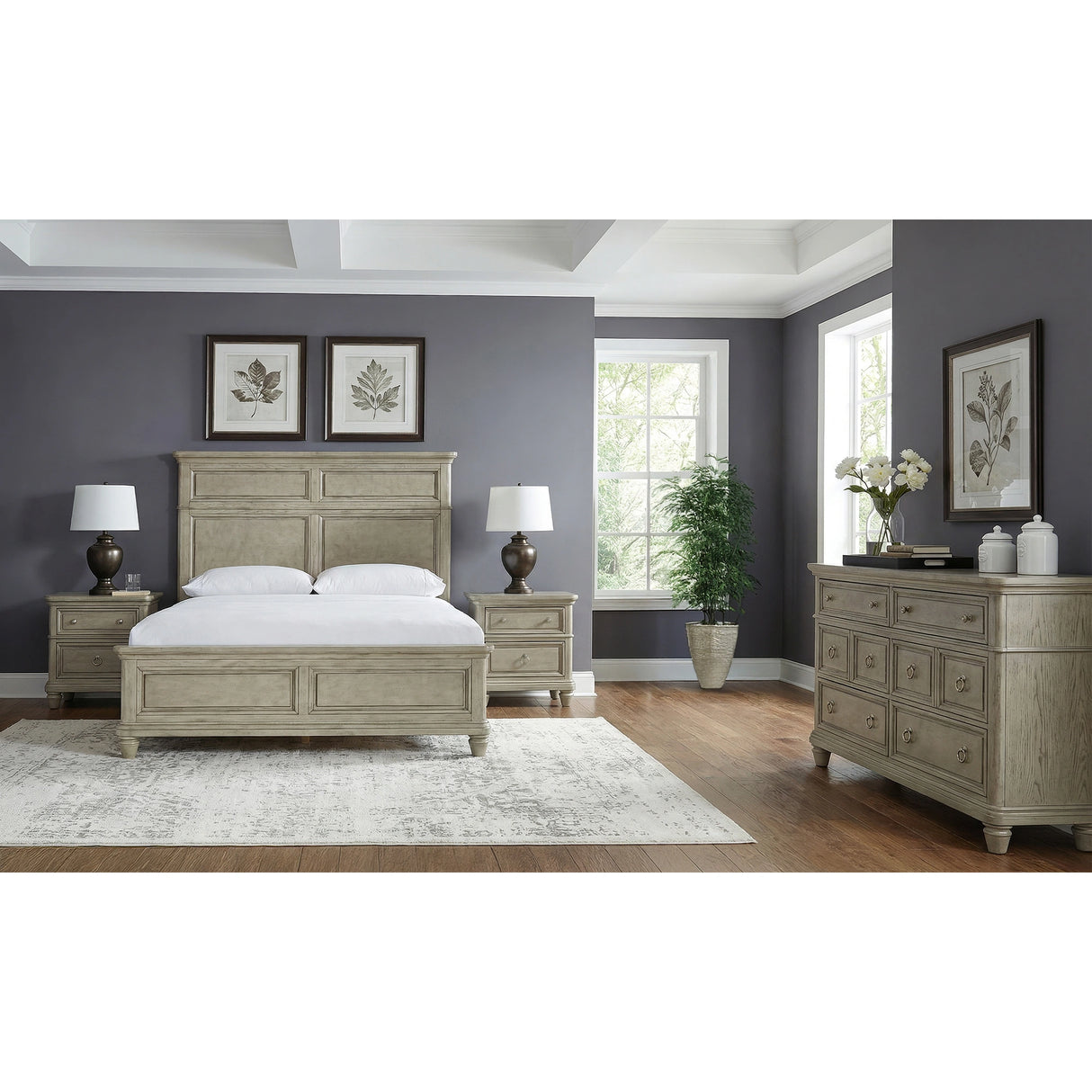 Whit-Ash Bedroom Set with 2 Nightstands in Light Grey