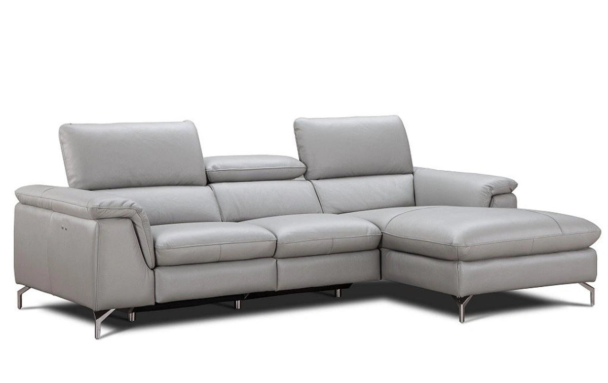 J&M Furniture Serena Premium Leather Sectional in Right Hand Facing Chaise in Light Grey