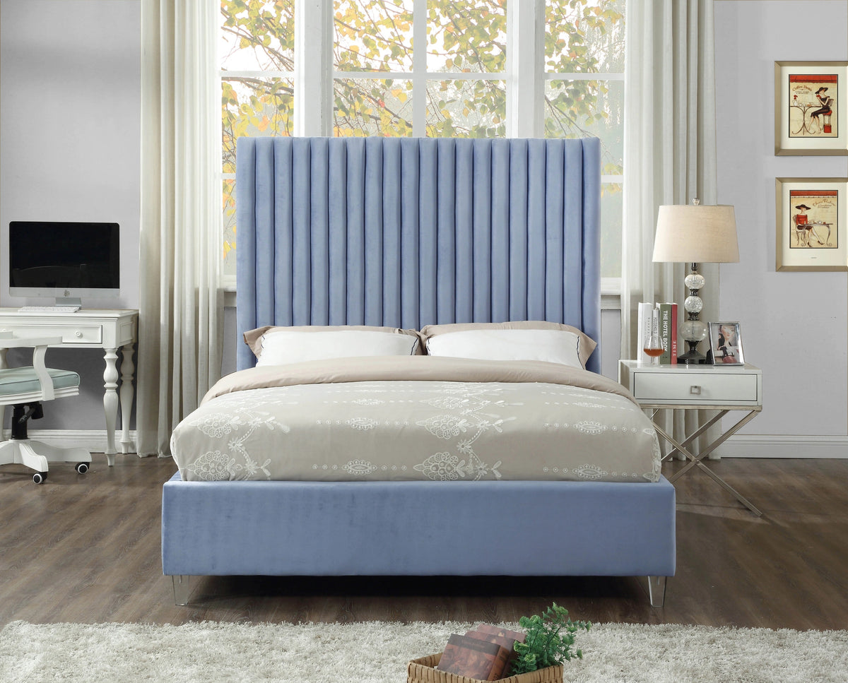 Candace Sky Blue Velvet Queen Bed