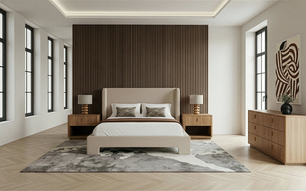 Emilio + Roma - Modern Beige Fabric + Oak 4-Piece Bedroom Set