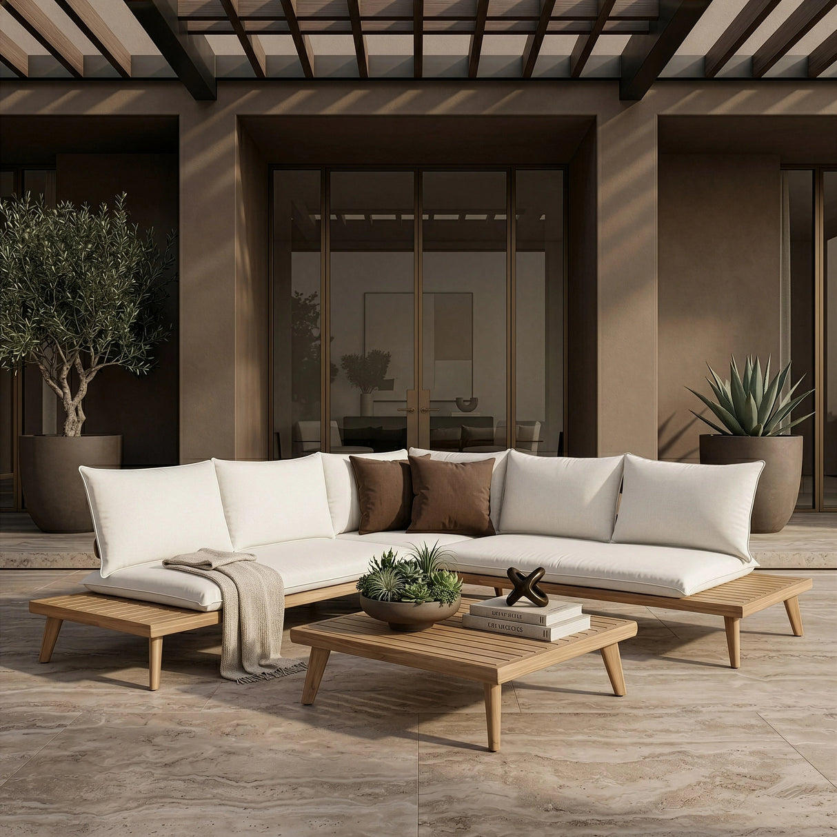 Tavira - Outdoor Off-White Fabric + Eucalyptus Sectional Sofa + Coffee Table Set