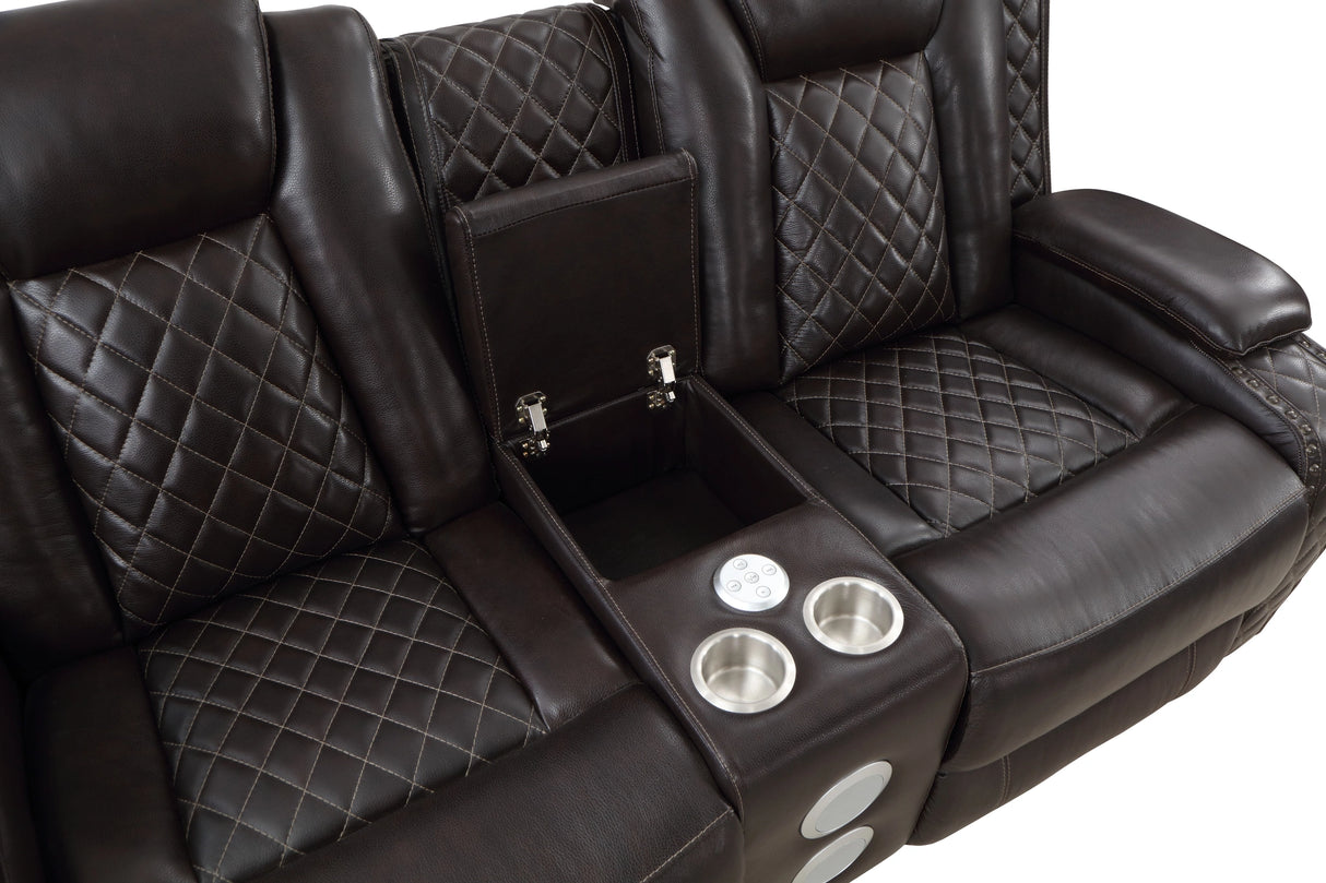JOSHUA LEATHER CONSOLE LOVESEAT W/ PWR FR & HR-DK BROWN