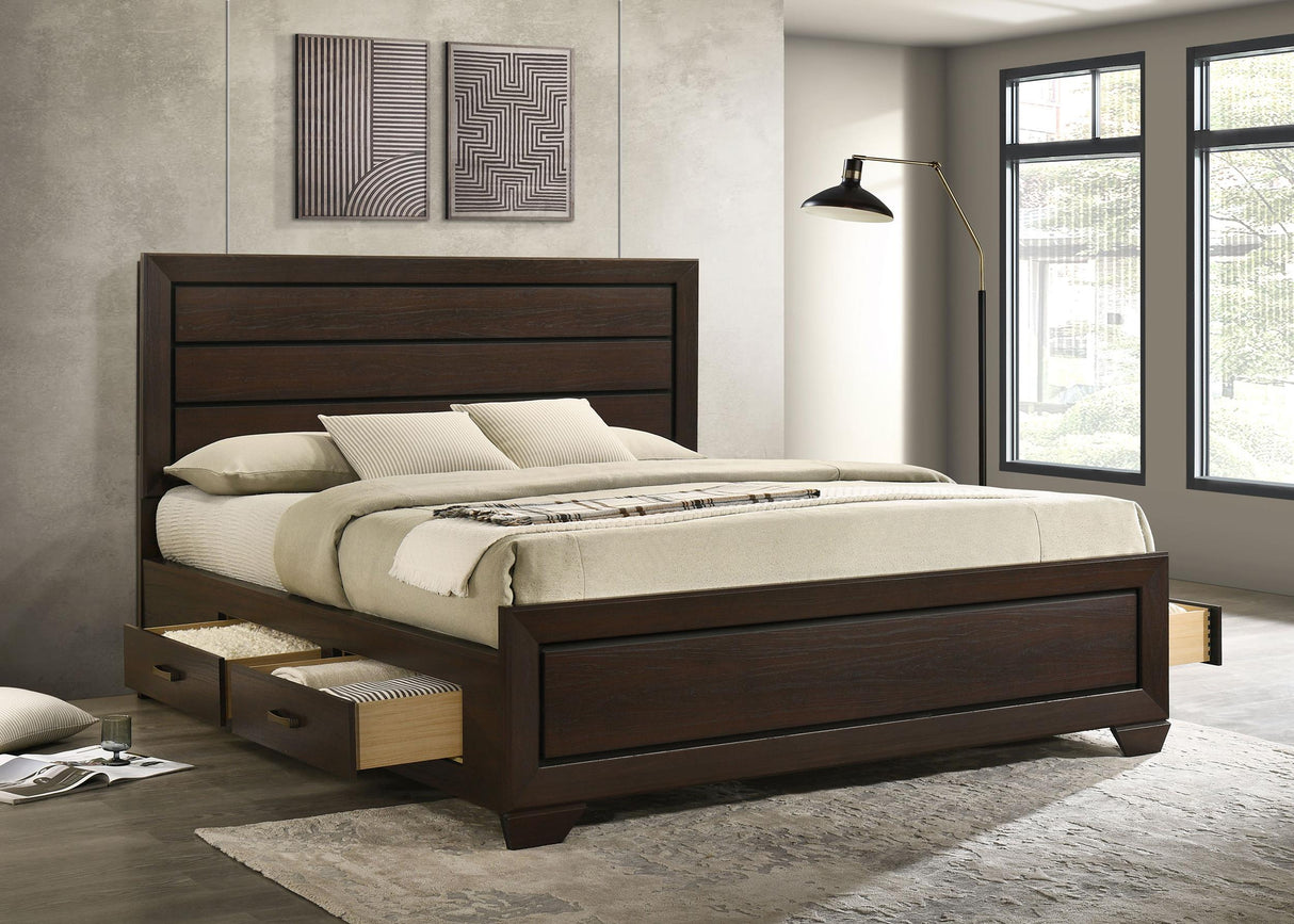 Kauffman California King, Eastren king, & Queen Storage Bed Dark Cocoa