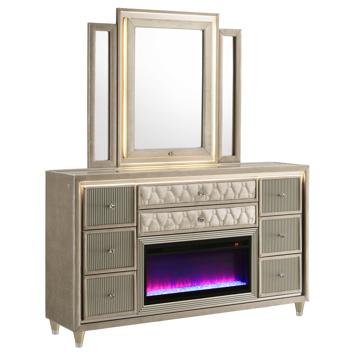 Lorient LED Dresser with LED Mirror and Flame Visualizer - galleria furniture outlet