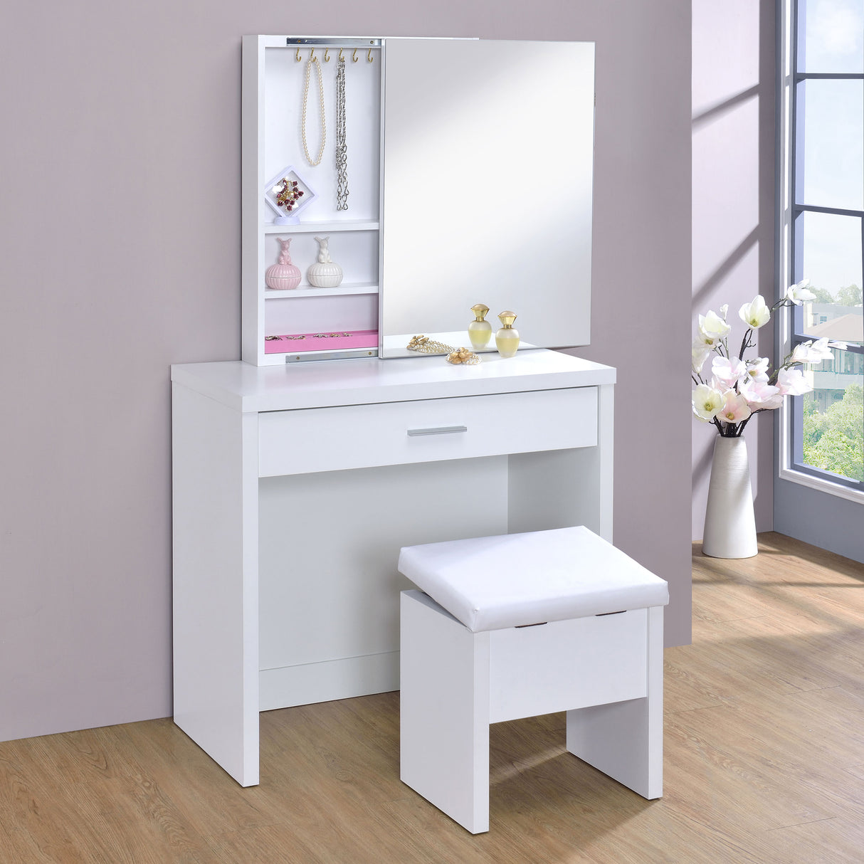 Harvey Makeup Vanity Table with Mirror and Stool - galleria furniture outlet