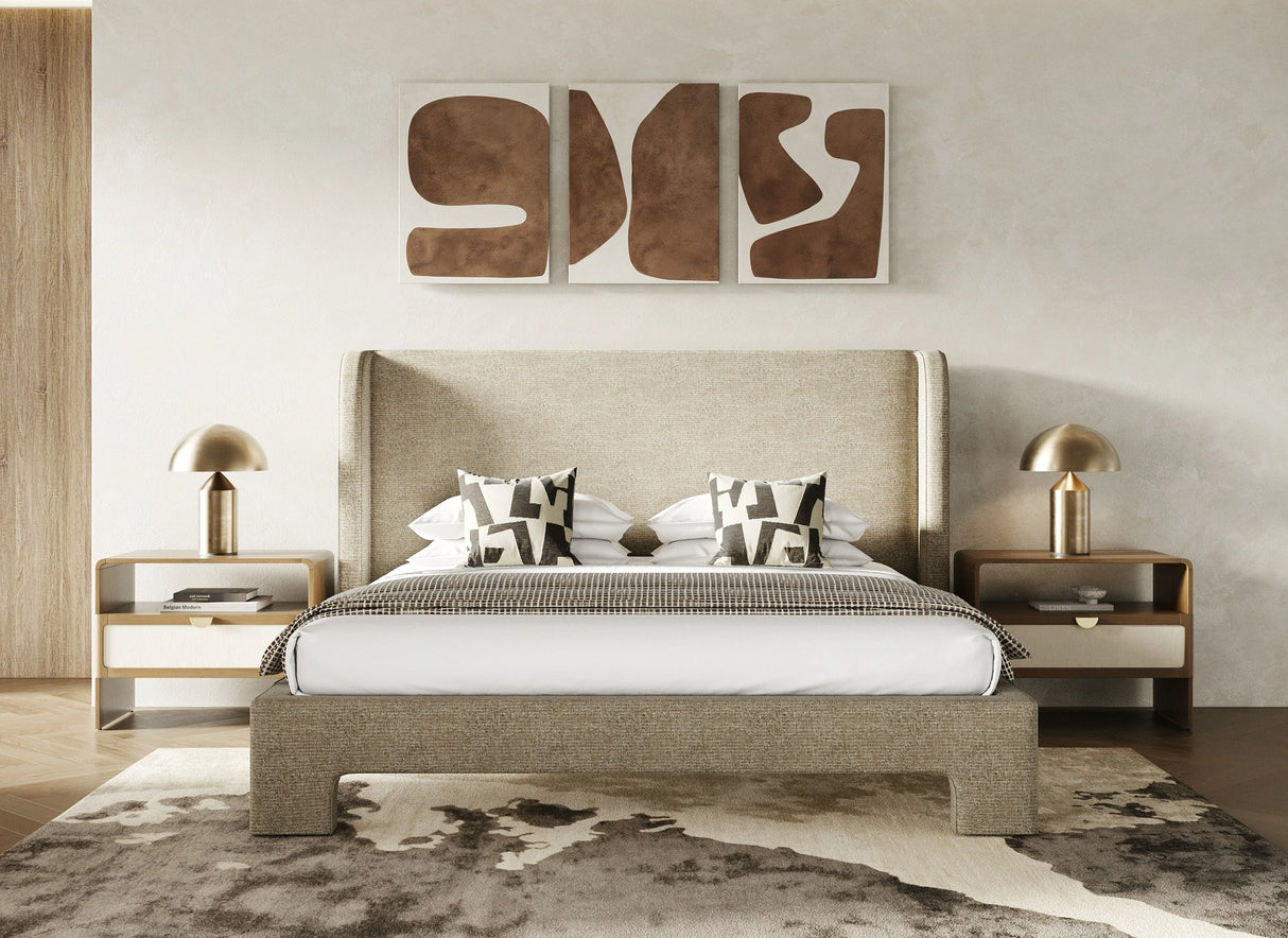 Emilio - Modern Beige Fabric + Burlap + Walnut 4-Piece Bedroom Set