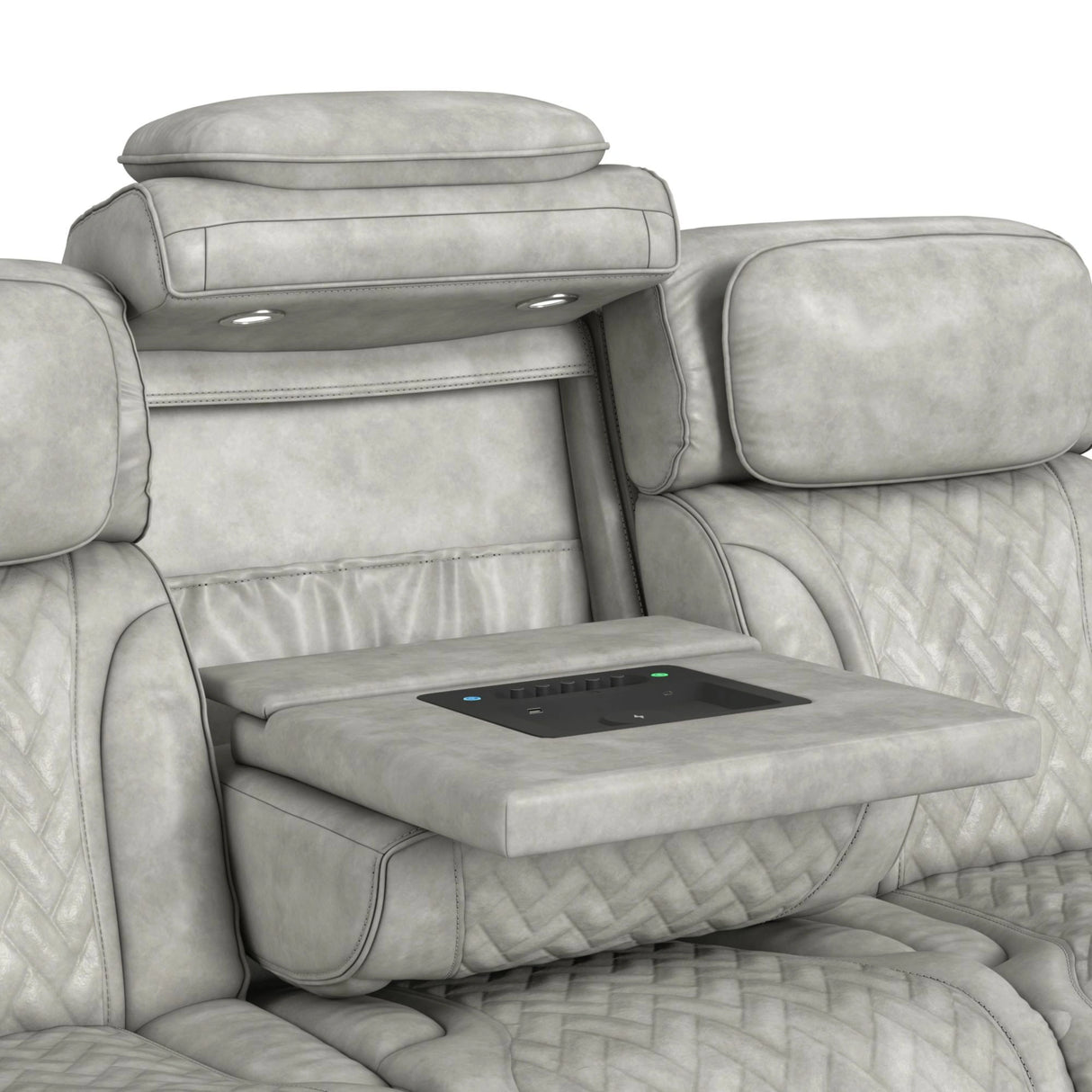 Prime Time P3 Sofa with DDT, 3.0 Table, 7 Colors (LED and Cup Holders), Reading Light, Vibration, speaker, and Heat Massage in Leather Gel Light Grey