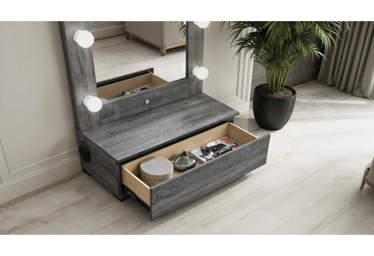 Lexi Grey Tall Mirror with Drawer and Speakers