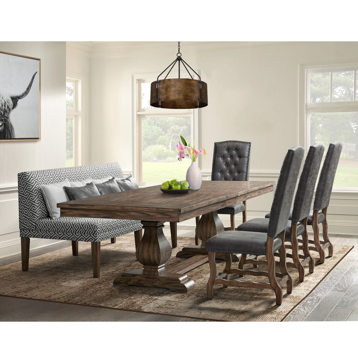 Gramercy 6PC Dining Set-Table, Four Tufted Tall Back Chairs and Settee