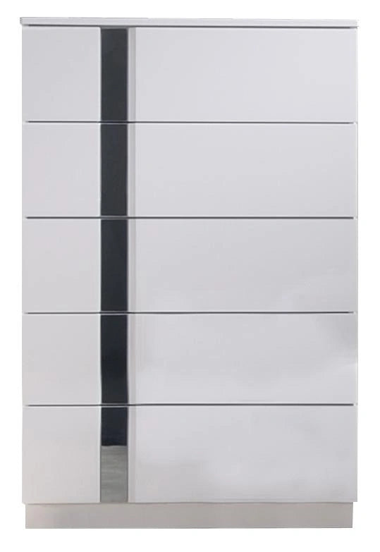J&M Palermo 5 Drawer Chest in White Lacquer and Chrome