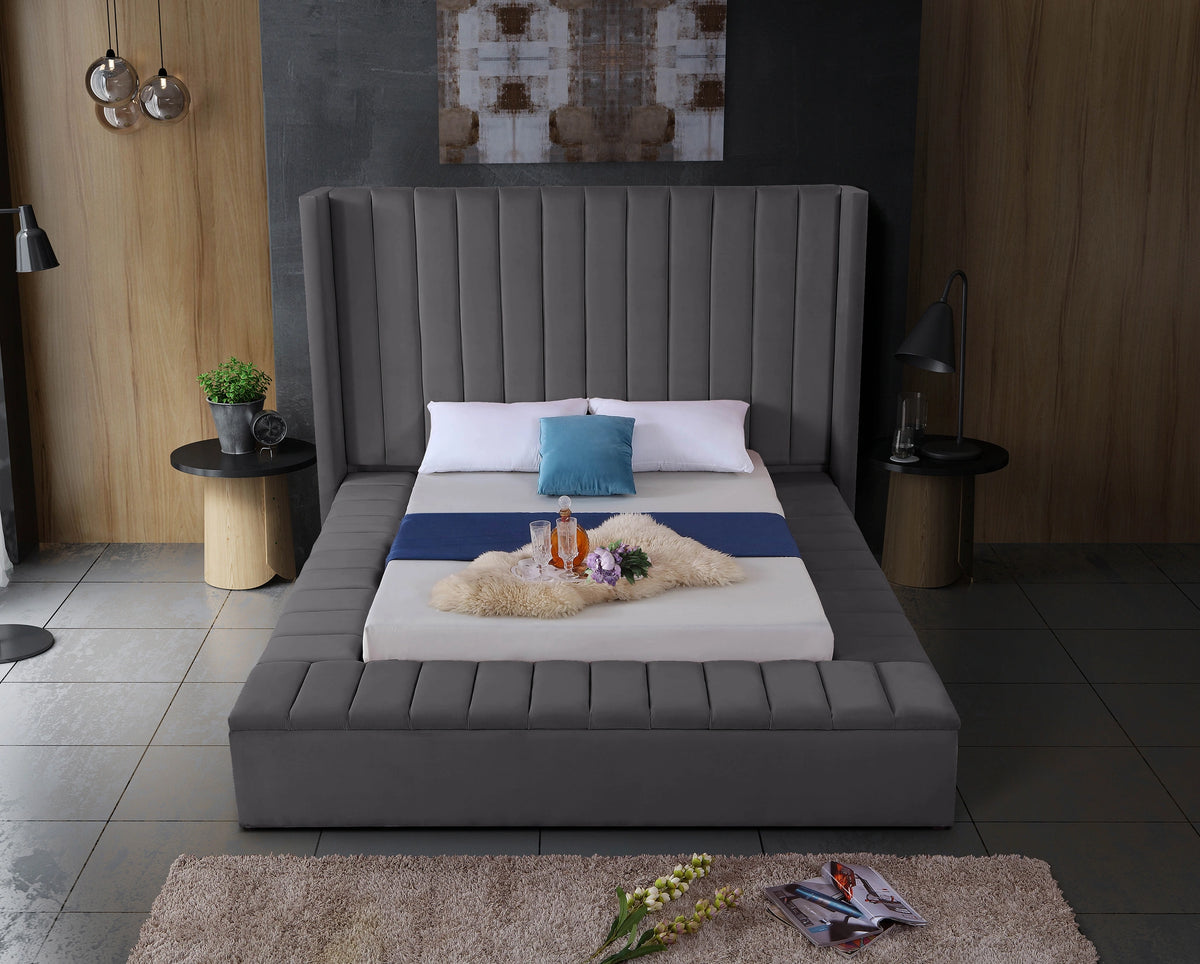 Kiki Grey Velvet Queen Bed (3 Boxes)