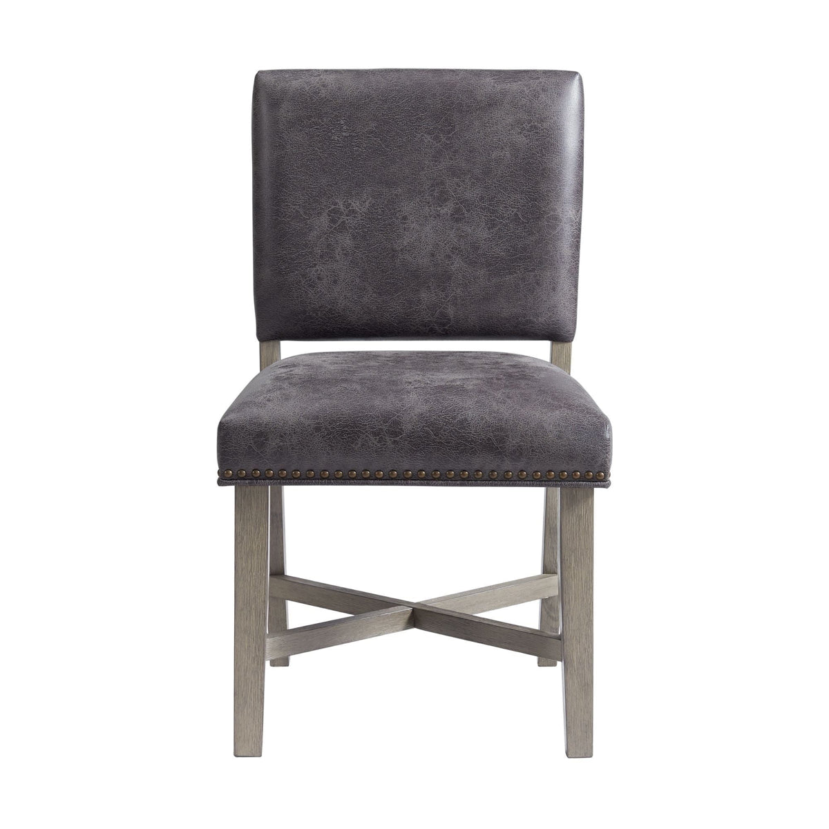 Elements International Collins Side Chair Stretcher with Brown PU (Set of 2) in Weathered Gray