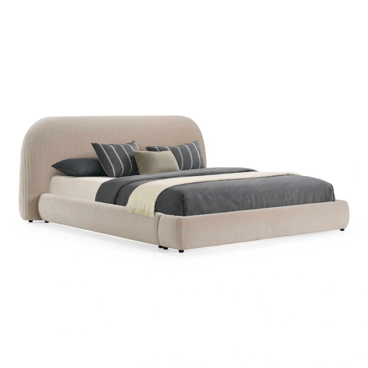 Hortman + Chelton - Modern Beige Velvet + Walnut 4-Piece Bedroom Set