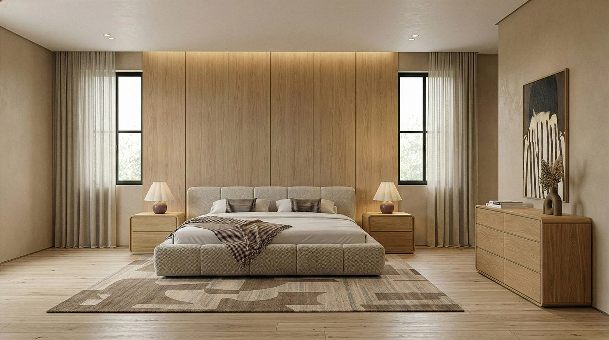 Lamont + Dustin - Modern Beige Fabric + Natural Oak 4-Piece Bedroom Set