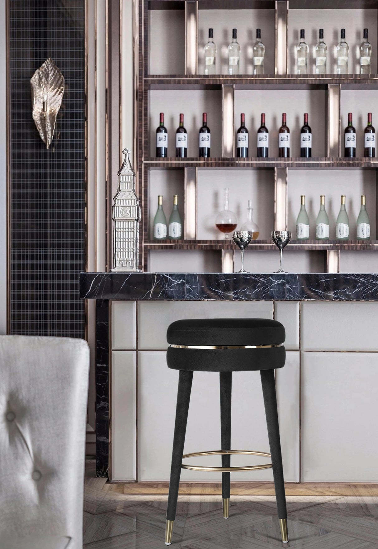 Coral Black Velvet Bar Stool