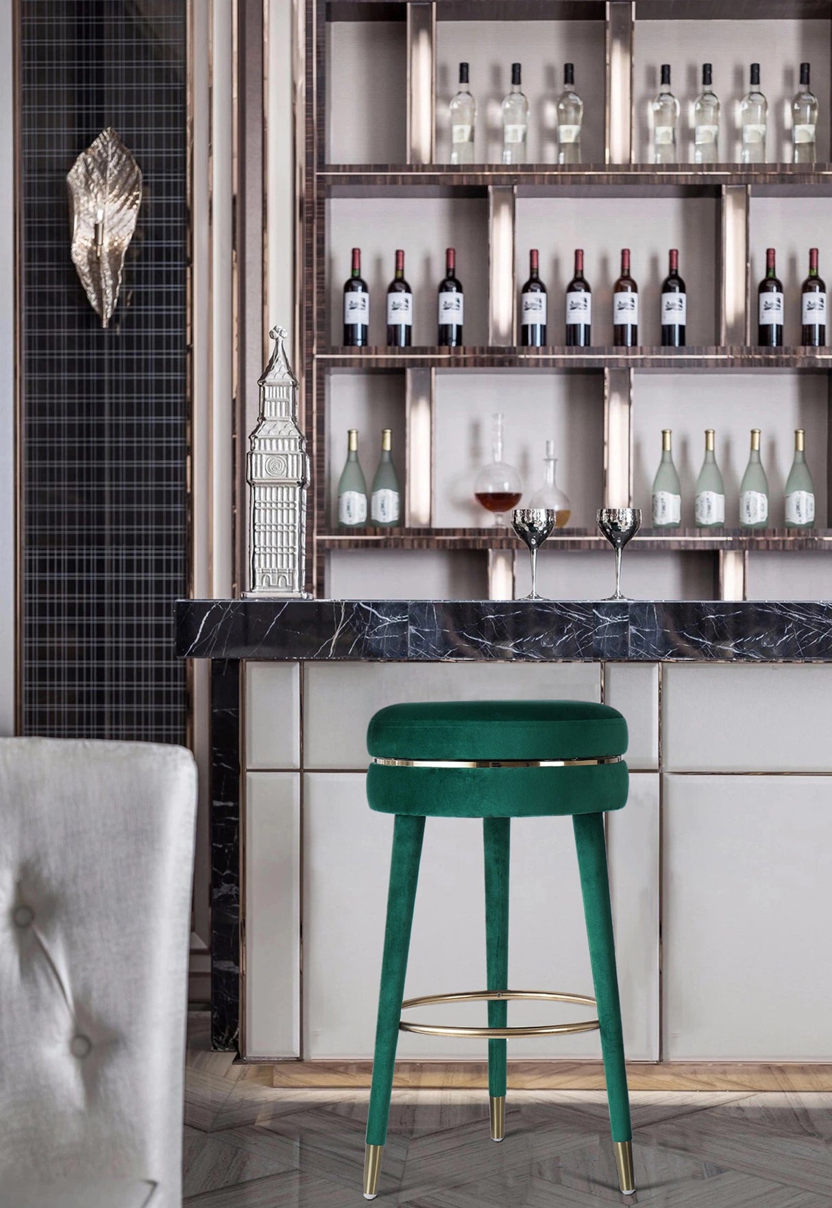 Coral Green Velvet Bar Stool