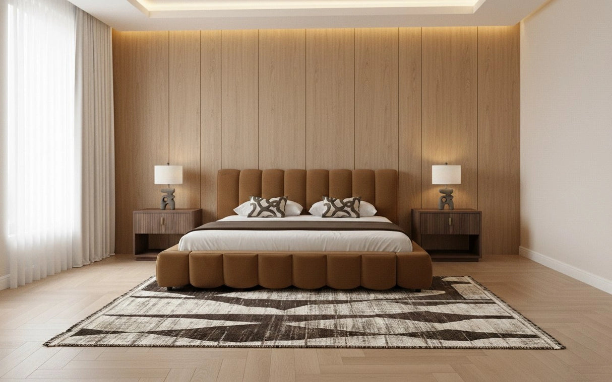 Harris + Roma - Modern Brown Fabric + Walnut 4-Piece Bedroom Set