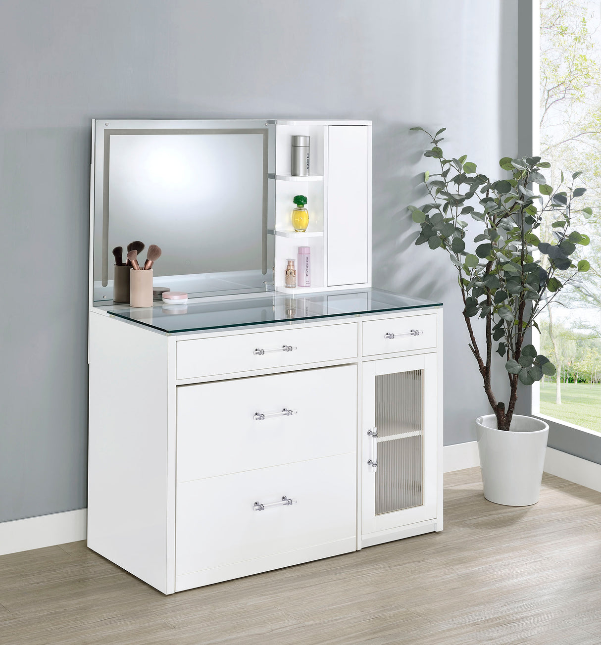 Flora Makeup Vanity Table with LED Mirror and Stool - galleria furniture outlet
