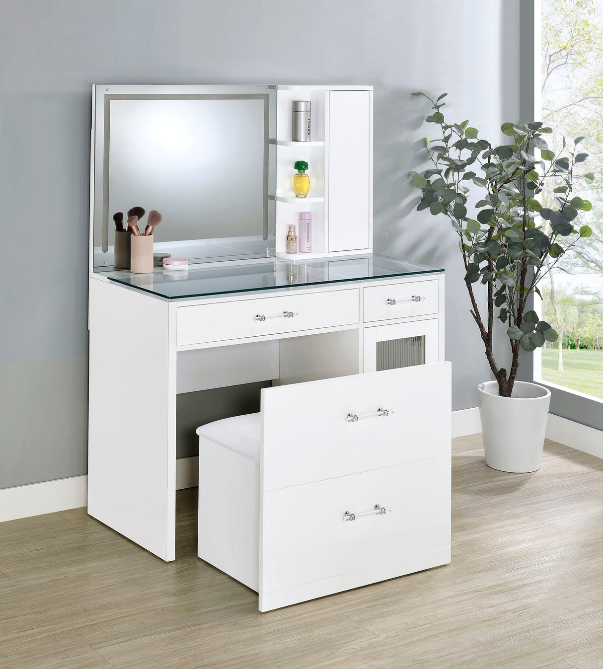 Flora Makeup Vanity Table with LED Mirror and Stool - galleria furniture outlet