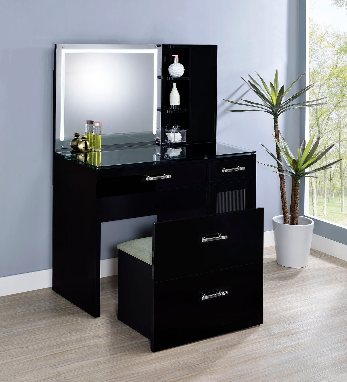 Flora Makeup Vanity Table with LED Mirror and Stool - galleria furniture outlet