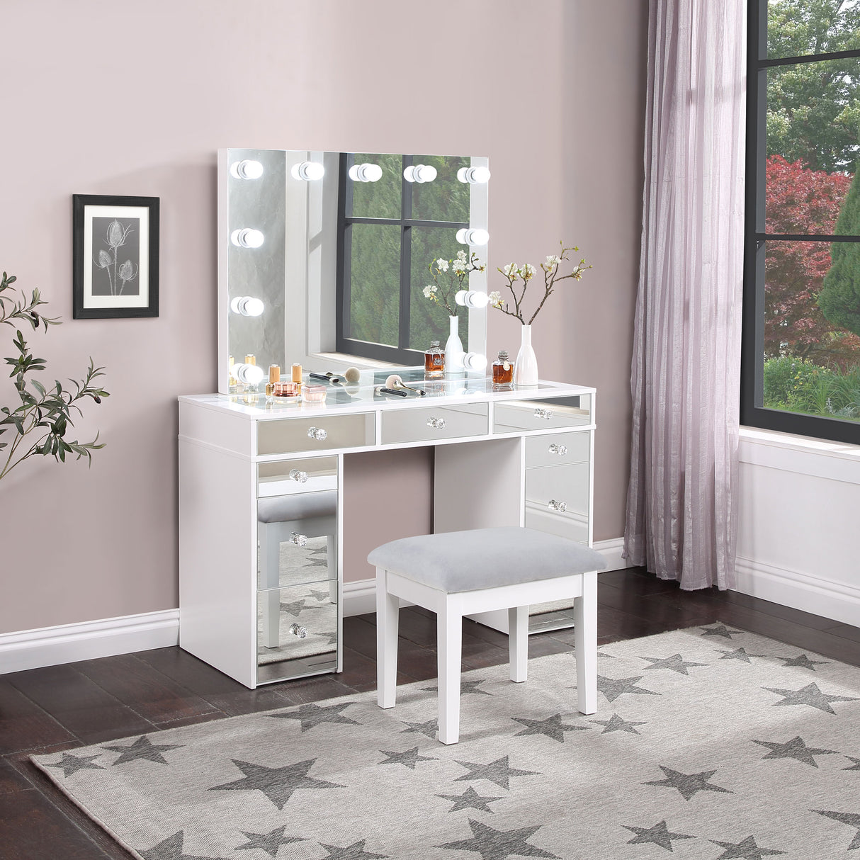 Regina Makeup Vanity Table with LED Mirror and Stool - galleria furniture outlet