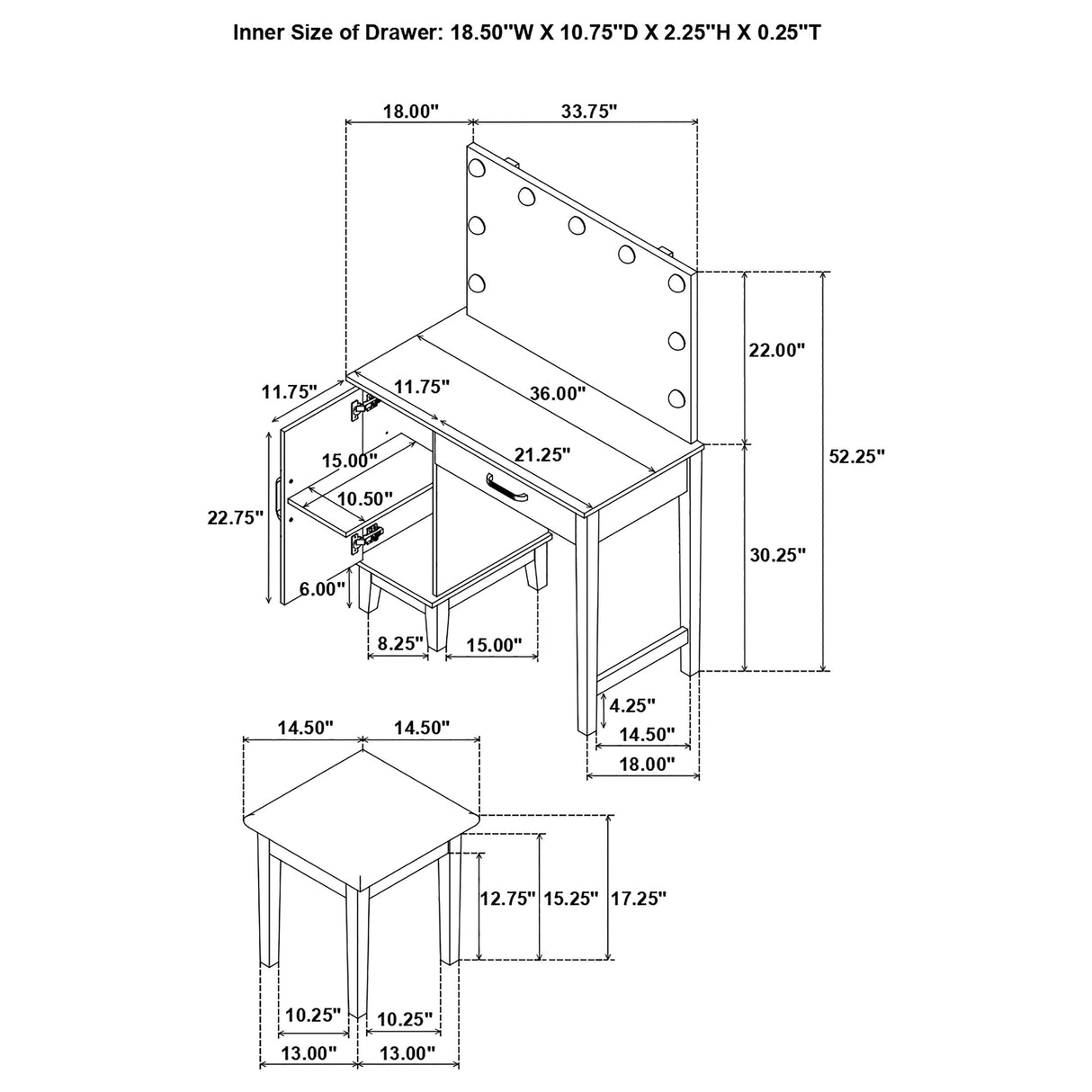Elijah Makeup Vanity Table with LED Mirror and Stool - galleria furniture outlet