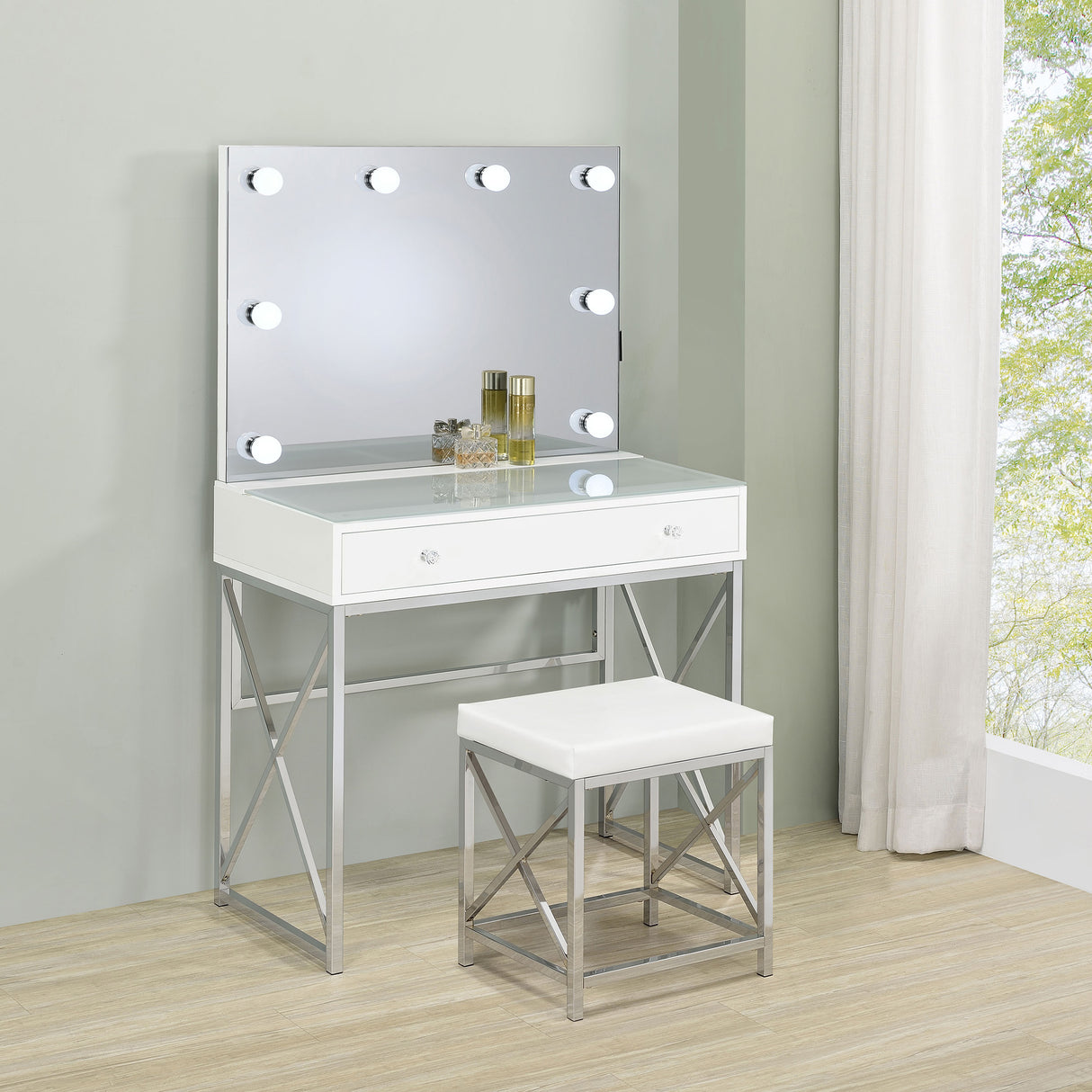 Eliza Makeup Vanity Table with LED Mirror and Stool - galleria furniture outlet