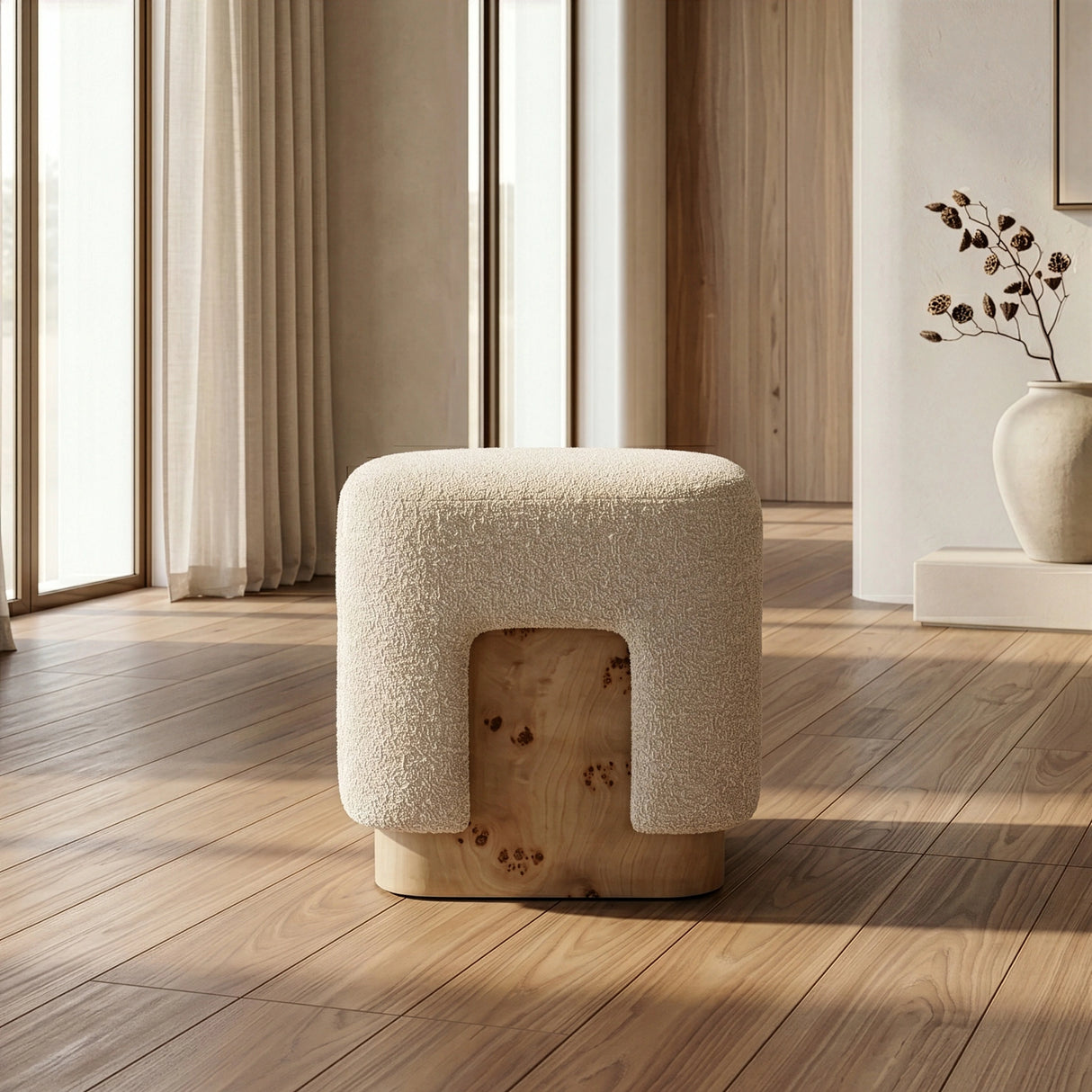 Mayfair - Contemporary Beige Fabric + Burl Square Ottoman