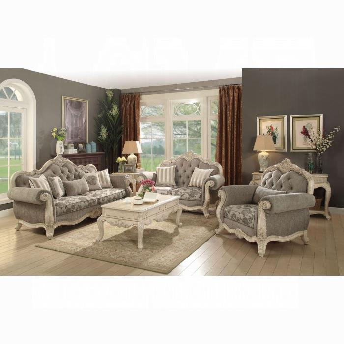Ragenardus Gray Fabric & Antique White Sofa w/5 Pillows - galleria furniture outlet