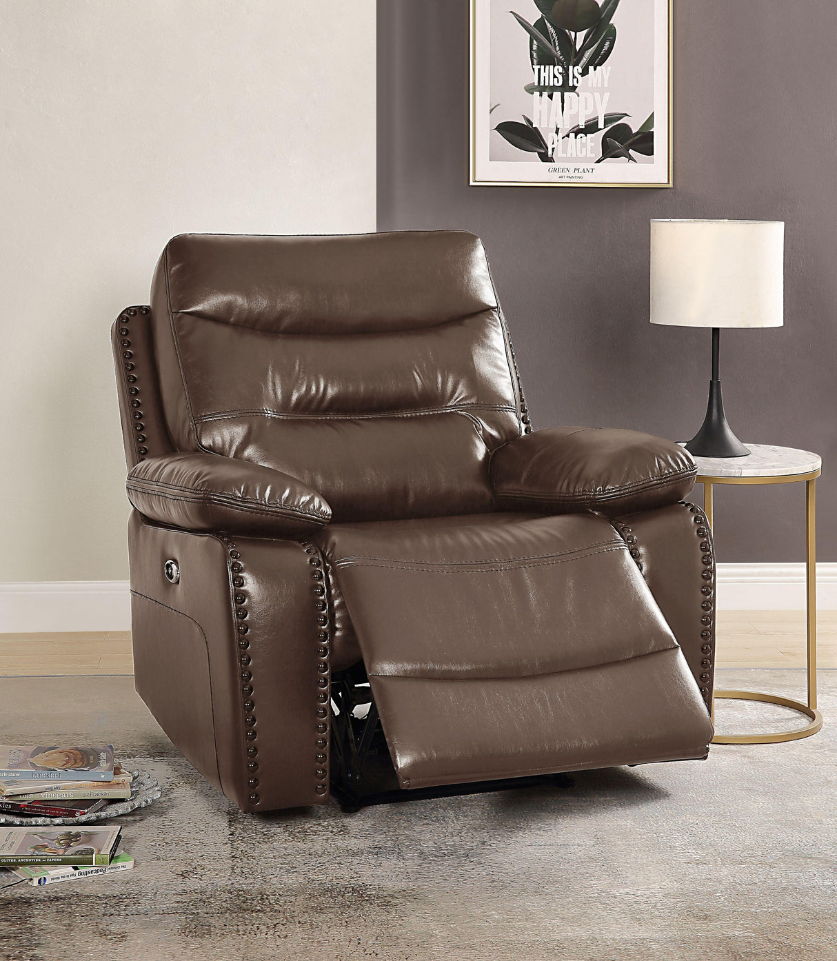 Aashi Brown Leather-Gel Match Recliner (Power Motion) - galleria furniture outlet