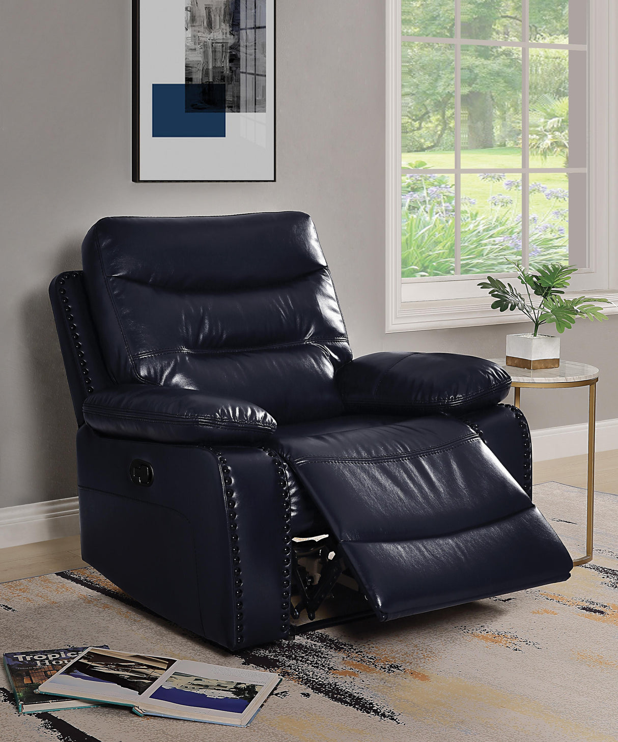 Aashi Navy Leather-Gel Match Recliner (Motion) - galleria furniture outlet