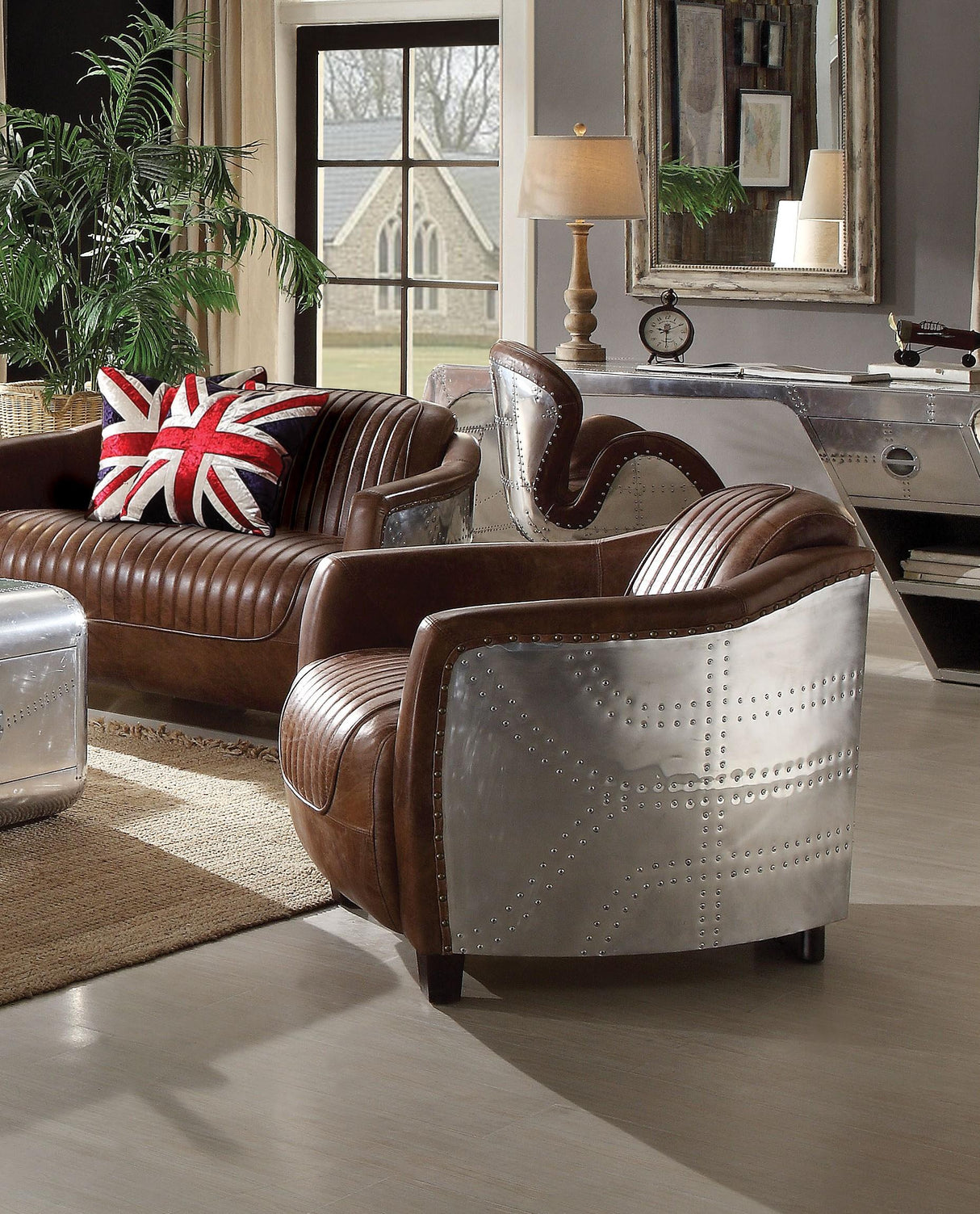 Brancaster Retro Brown Top Grain Leather & Aluminum Chair - galleria furniture outlet
