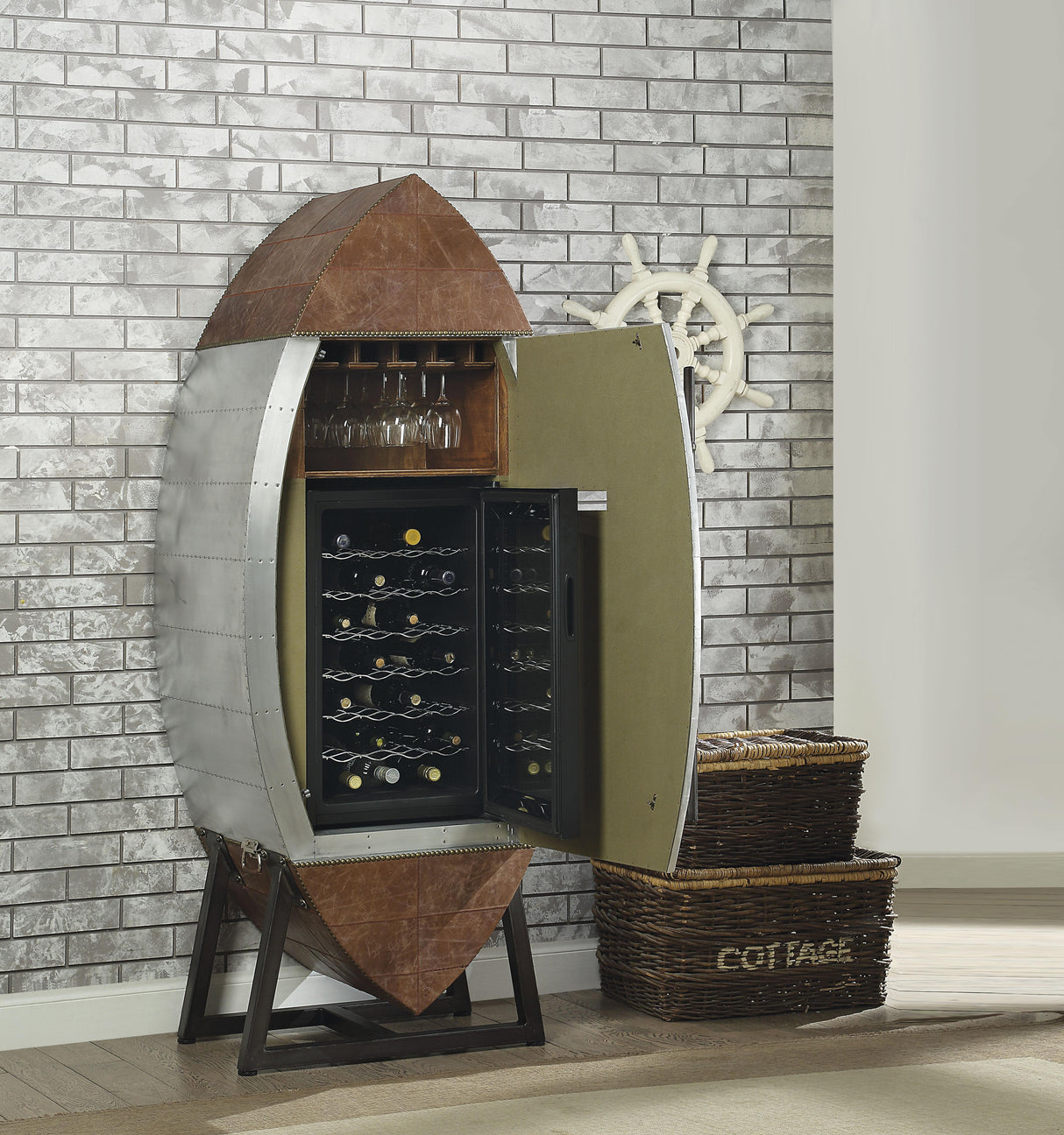 Brancaster Retro Brown Top Grain Leather & Aluminum Wine Cabinet & Cooler - galleria furniture outlet