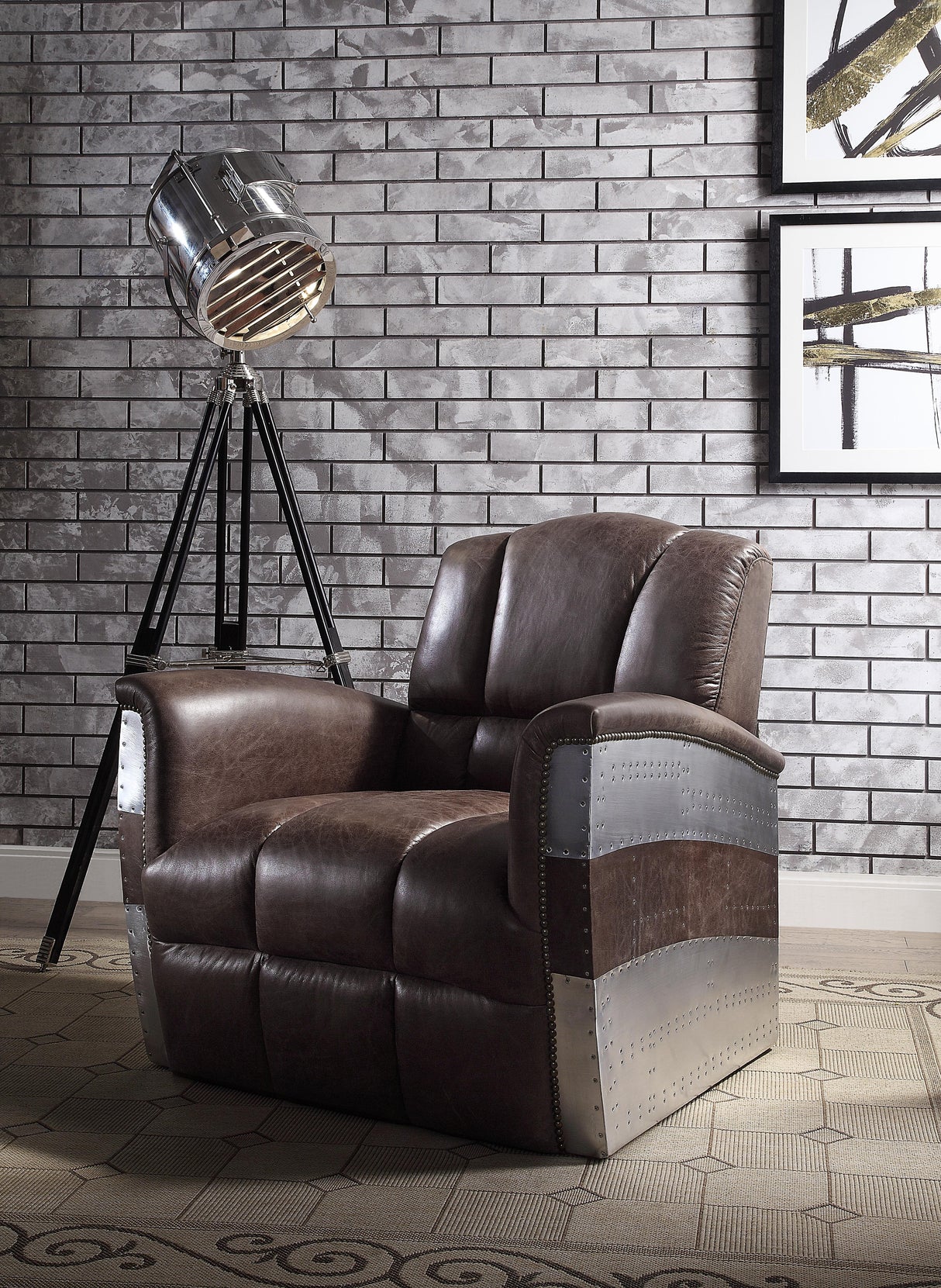 Brancaster Retro Brown Top Grain Leather & Aluminum Accent Chair - galleria furniture outlet