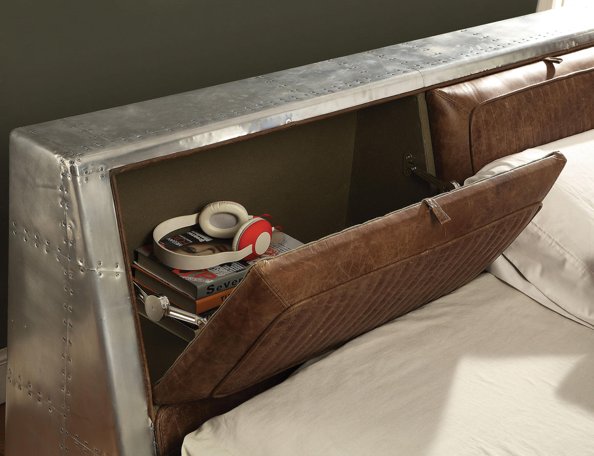 Brancaster Retro Brown Top Grain Leather & Aluminum Queen Bed - galleria furniture outlet