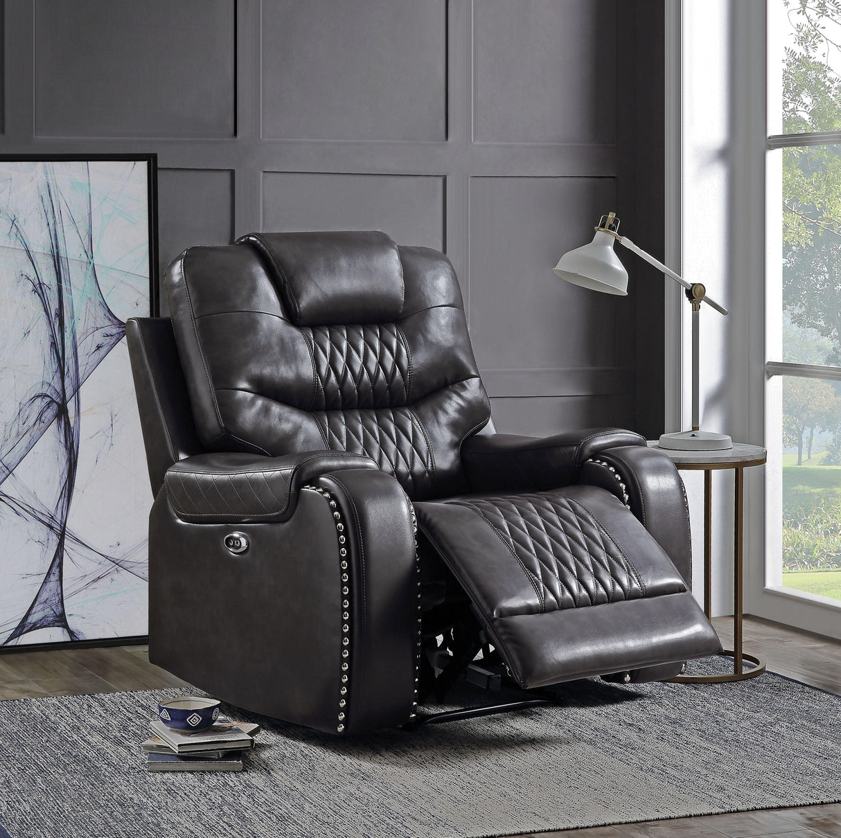 Braylon Magnetite PU Recliner (Power Motion) - galleria furniture outlet