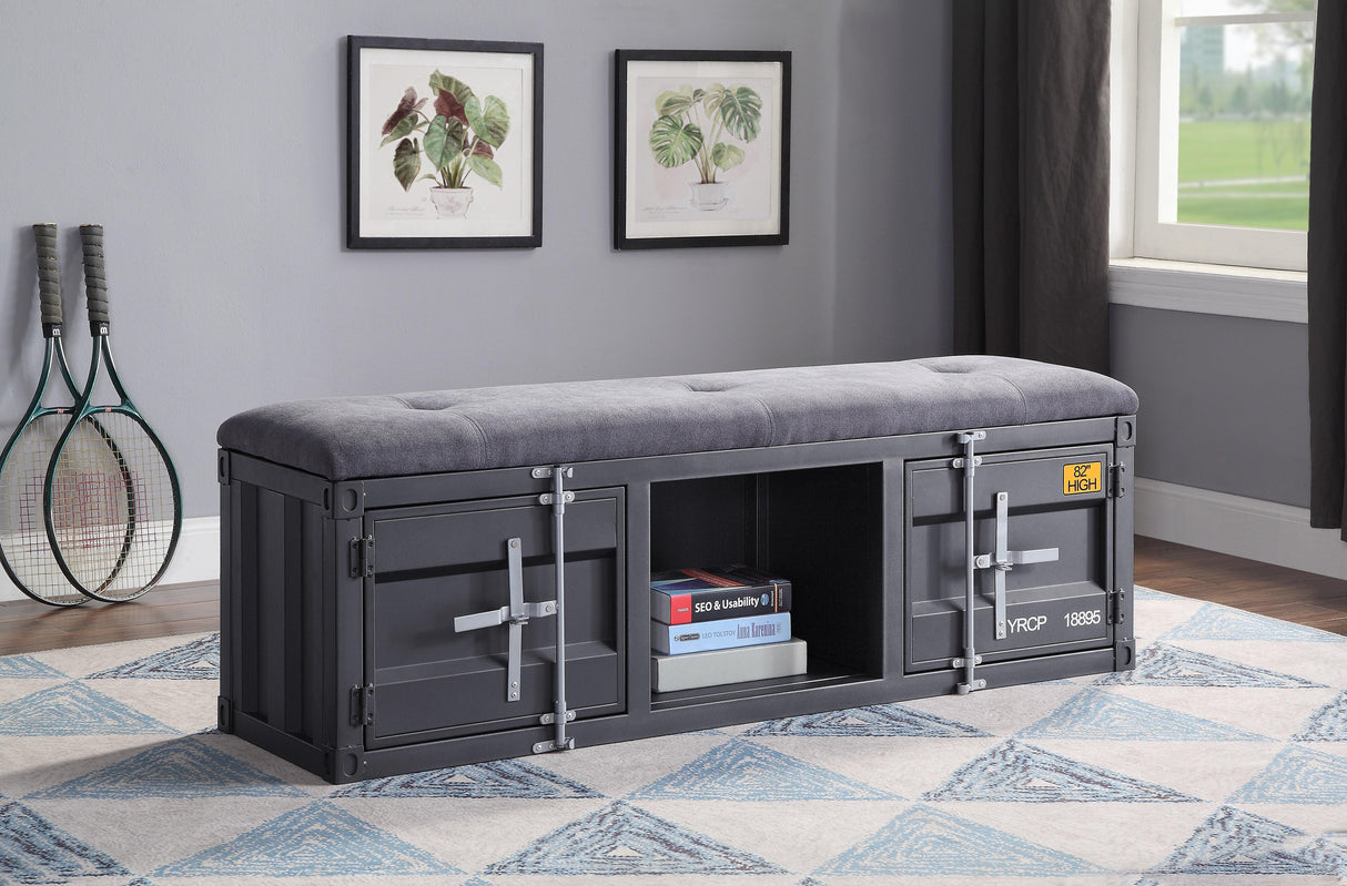 Cargo Gray Fabric & Gunmetal Bench (Storage) - galleria furniture outlet