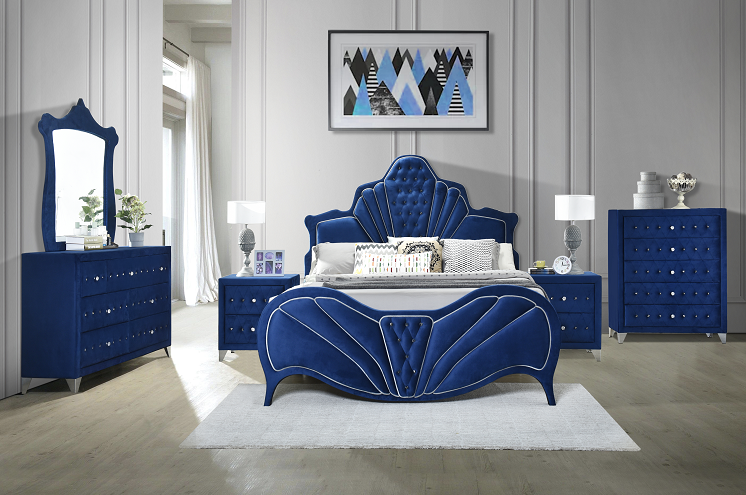 Dante Blue Velvet Queen Bed - galleria furniture outlet