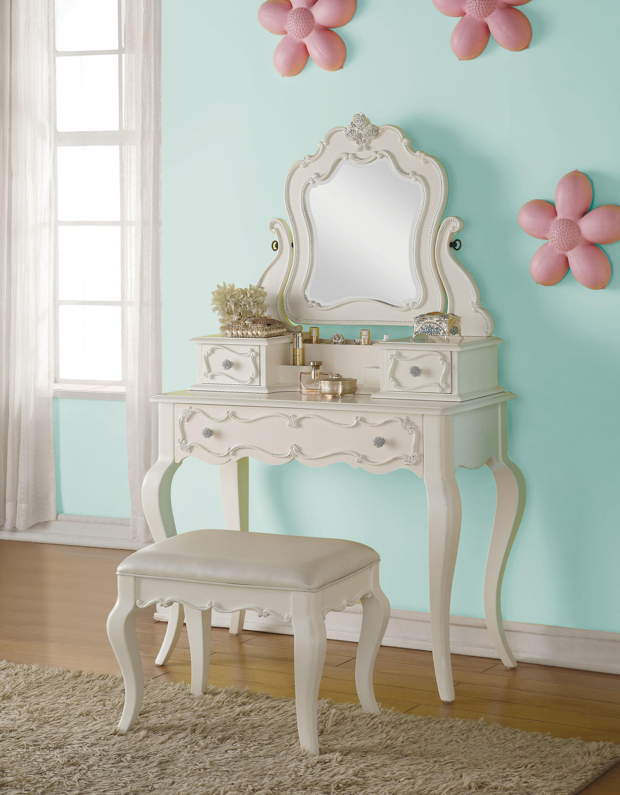 Edalene Pearl White Vanity & Mirror - galleria furniture outlet