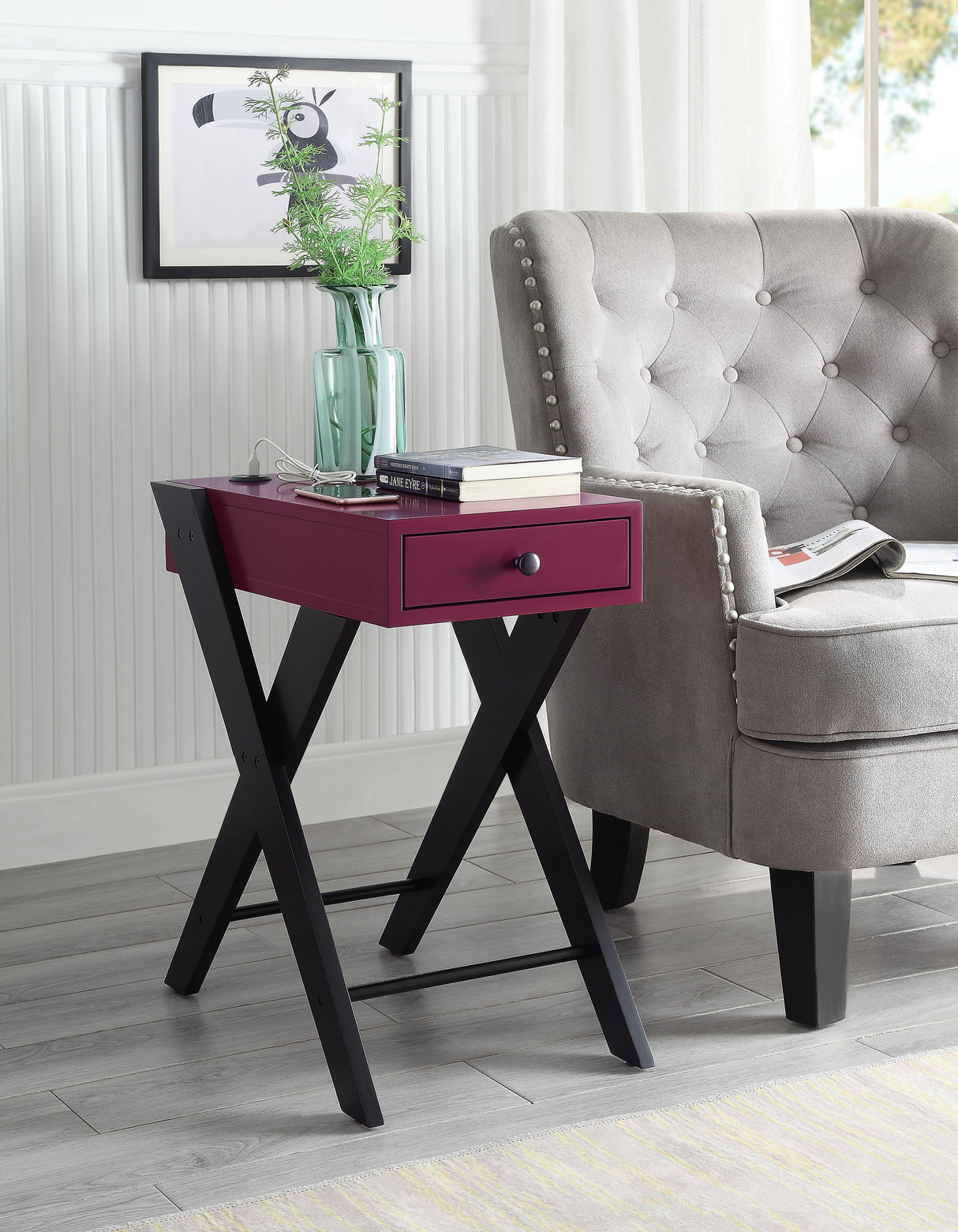 Fierce Burgundy & Black Side Table (USB Charging Dock) - galleria furniture outlet