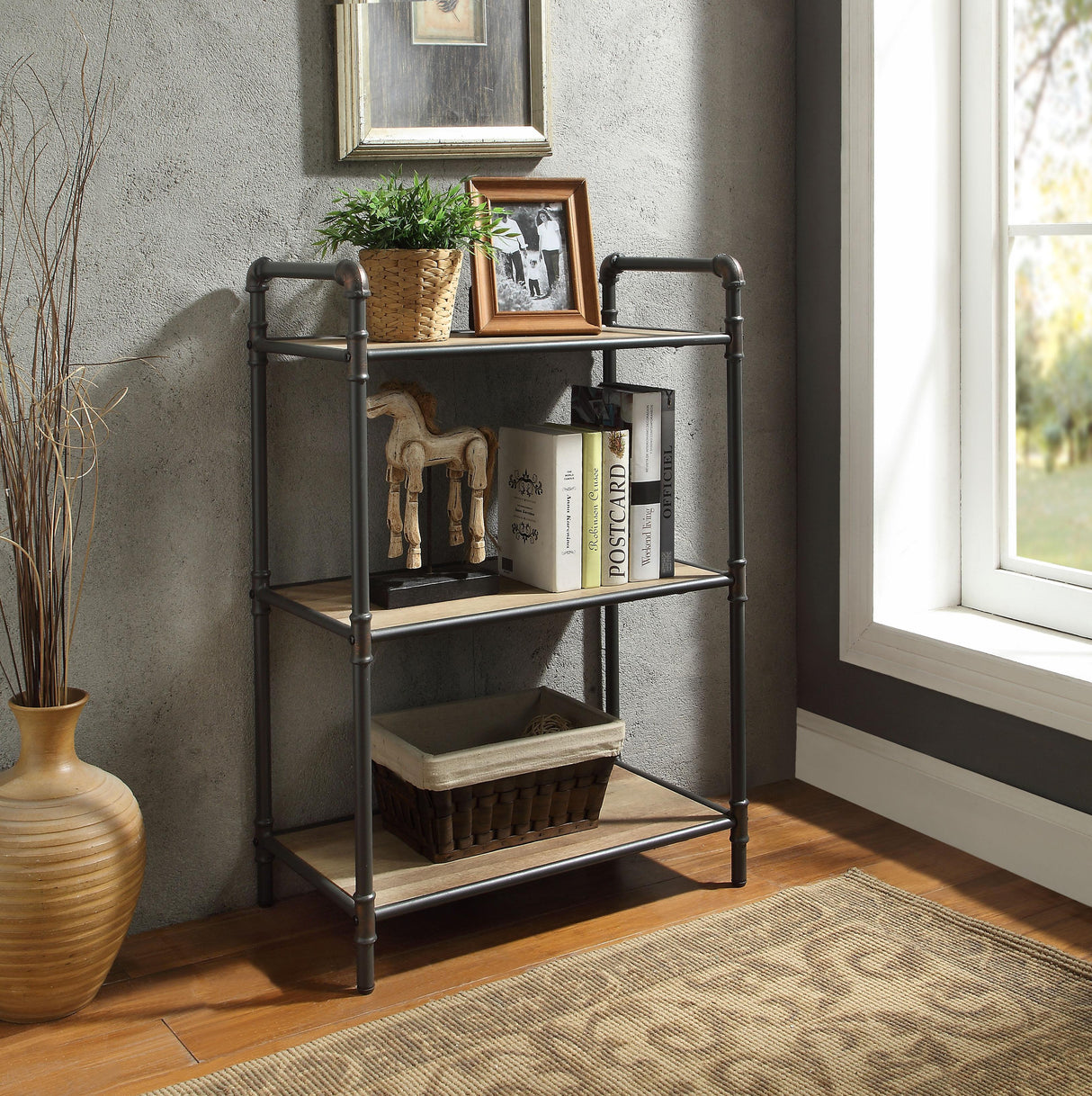Itzel Antique Oak & Sandy Gray Bookshelf - galleria furniture outlet