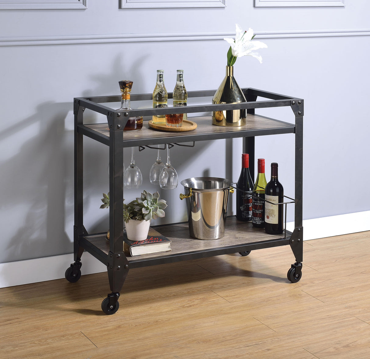 Jorgensen Rustic Oak & Charcoal Serving Cart - galleria furniture outlet