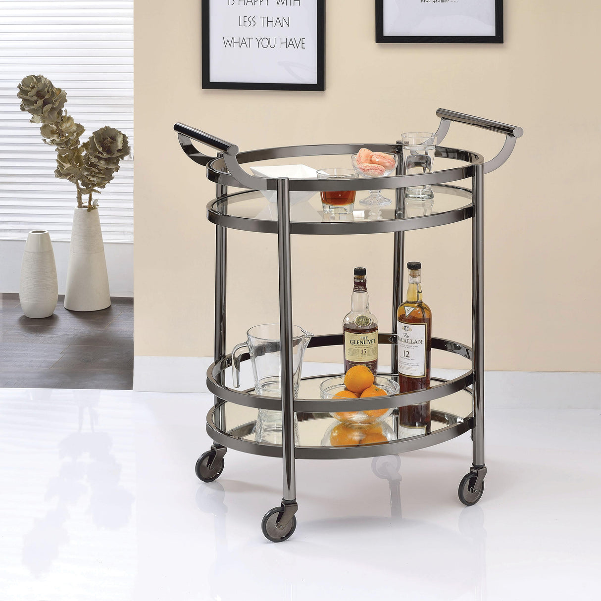 Lakelyn Black Nickel & Clear Glass Serving Cart - galleria furniture outlet