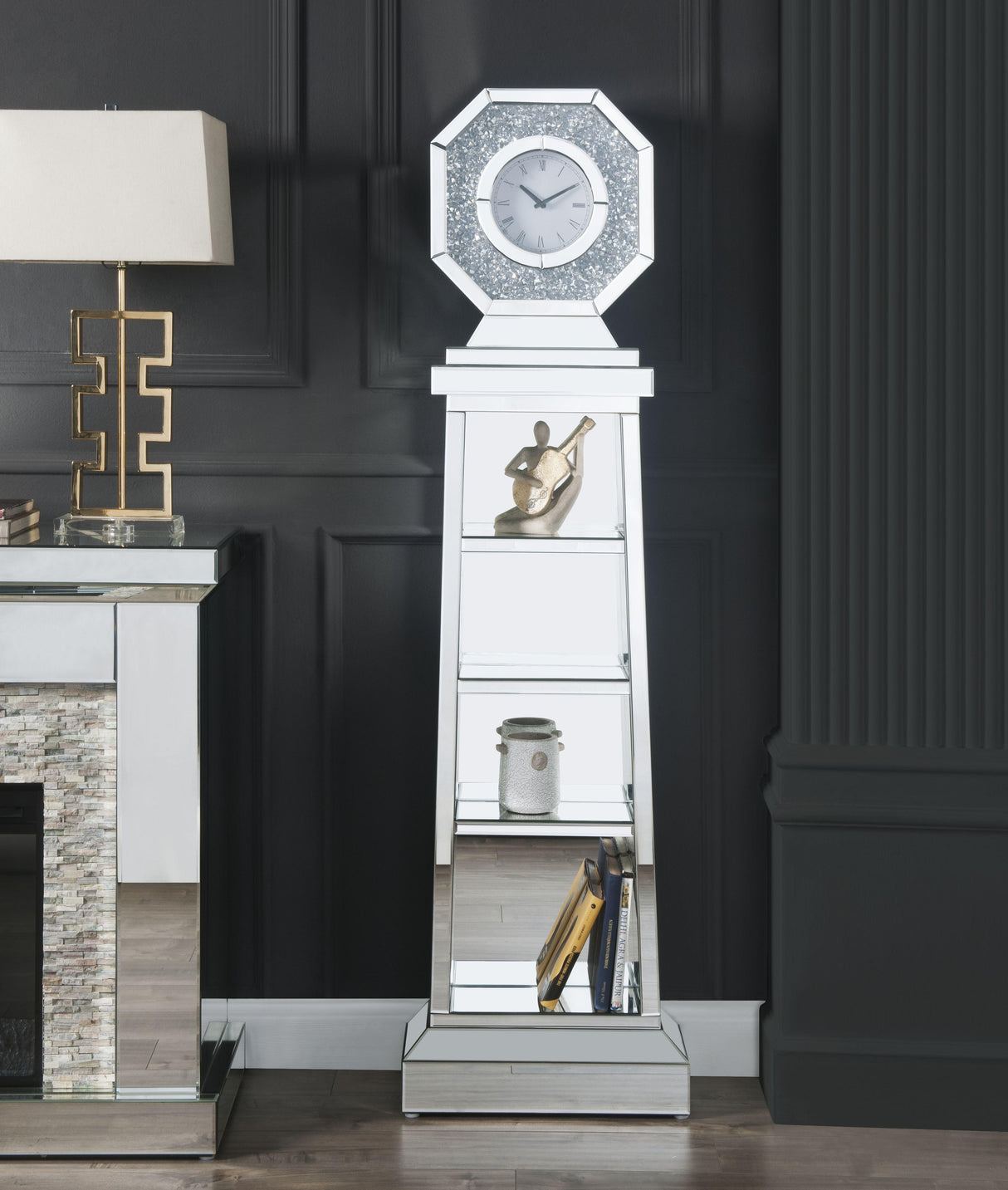 Noralie Mirrored & Faux Diamonds Grandfather Clock - galleria furniture outlet