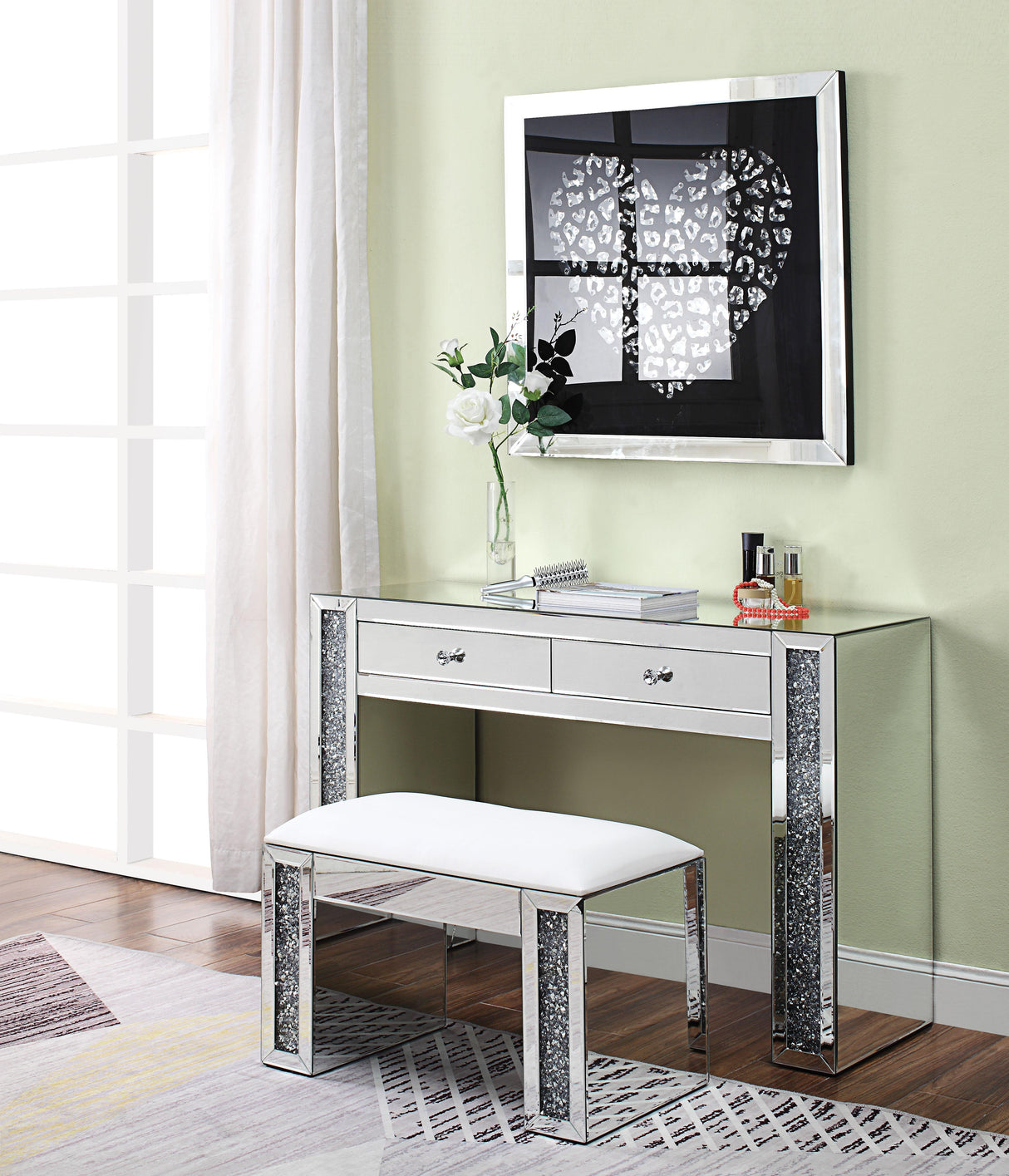 Noralie Mirrored & Faux Diamonds Vanity Desk - galleria furniture outlet