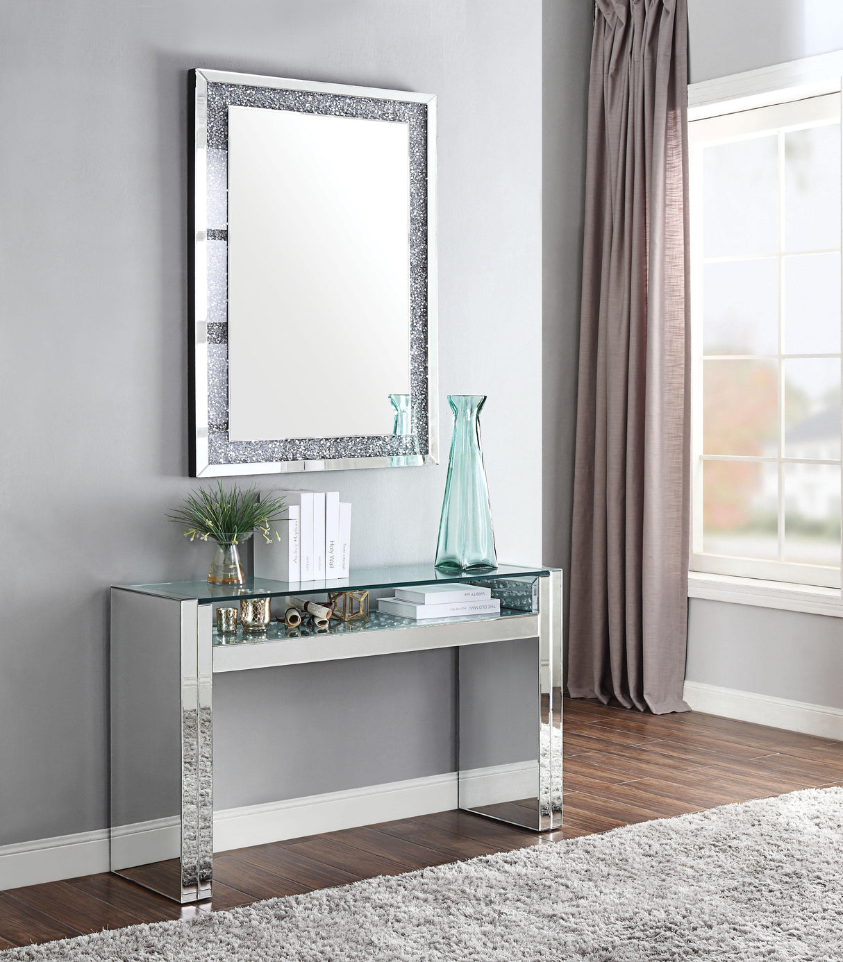 Nysa Mirrored & Faux Crystals Sofa Table - galleria furniture outlet