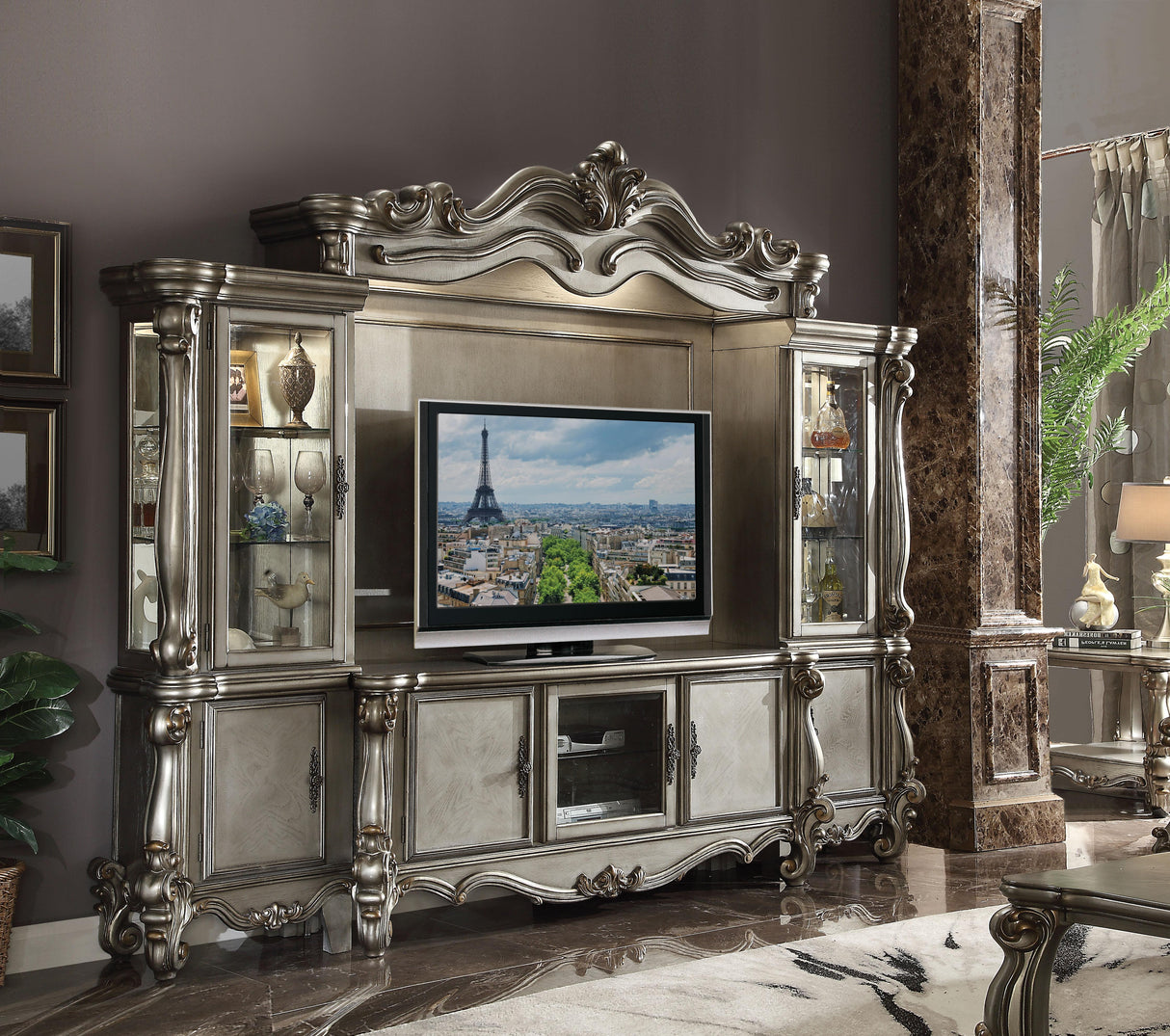 Versailles Antique Platinum TV Stand - galleria furniture outlet