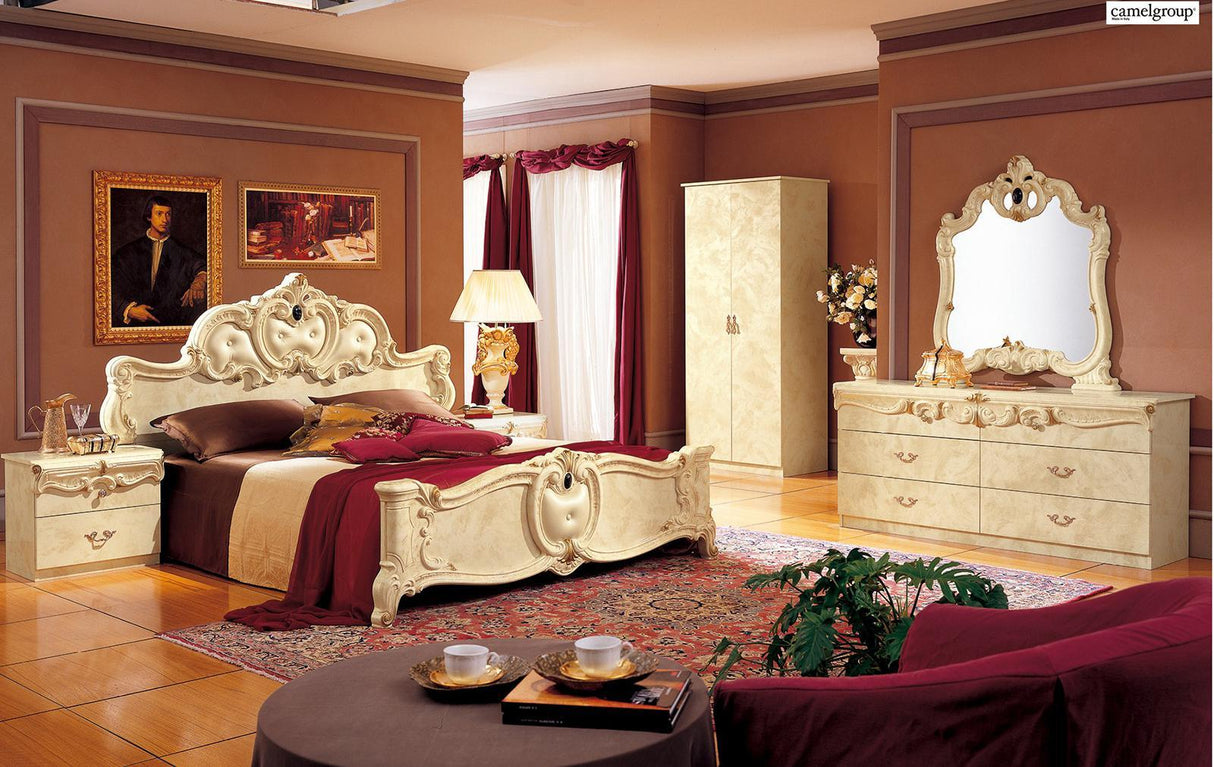 ESF Furniture Barocco King Leather Panel Bed in Ivory - galleria furniture outlet