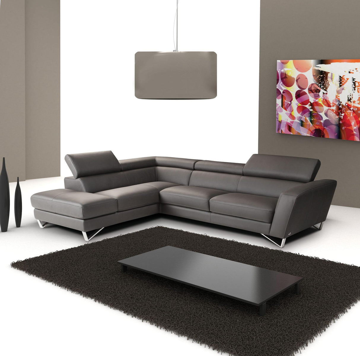 J&M Furniture Sparta Italian Leather Sectional LAF Chaise in Gray